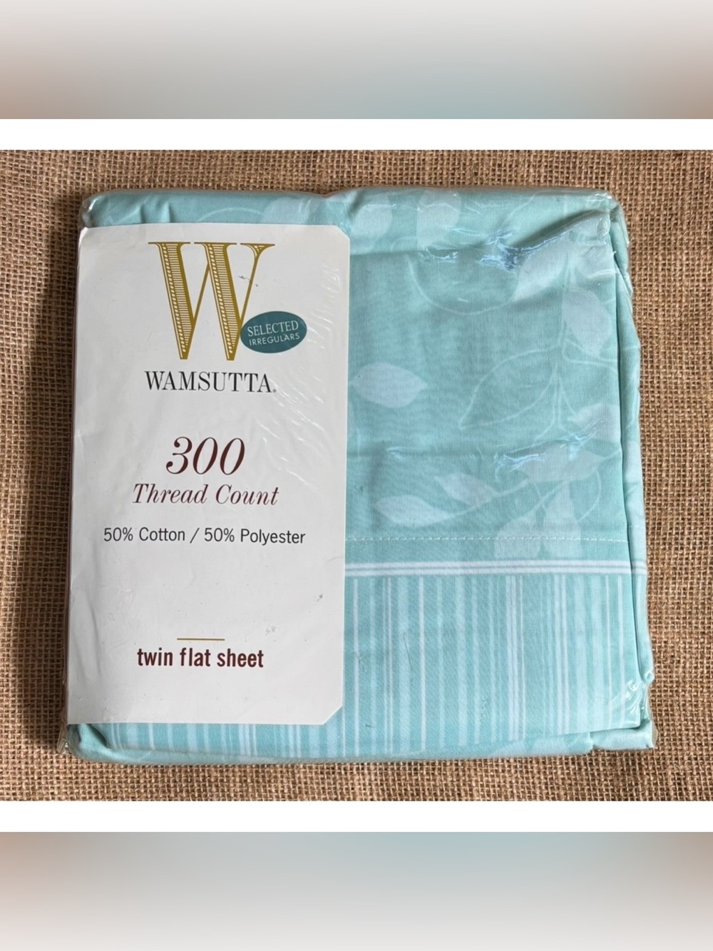 Vintage Wamsutta Light Smoky Blue Leaf Print Twin Flat Sheet Irregular